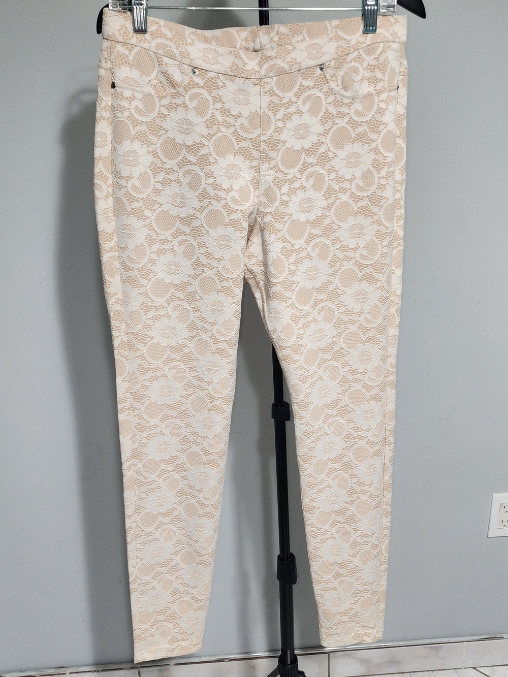 HUE Cream Lace-Overlay Skinny Jeans Stretch Size L Streetwear